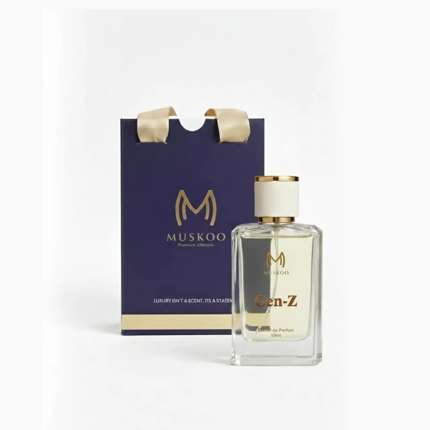 Muskoo Gen-Z 50ml Eau de Parfum bottle with navy blue gift bag featuring gold logo and handles
