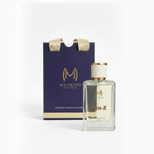 Muskoo Gen-Z 50ml Eau de Parfum bottle with navy blue gift bag featuring gold logo and handles