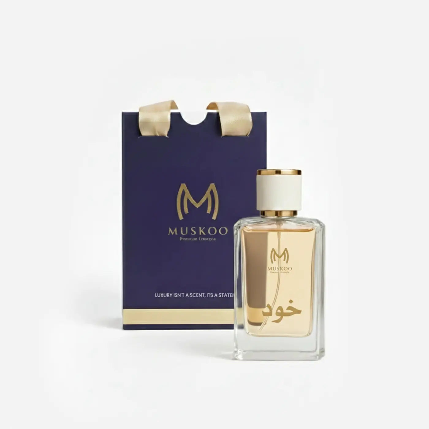 Muskoo premium lifestyle perfume bottle with beige liquid and gold-accented cap next to navy gift bag
