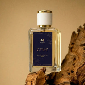 Muskoo Gen-Z 50ml Extrait de Parfum bottle with gold and white cap on textured wood background