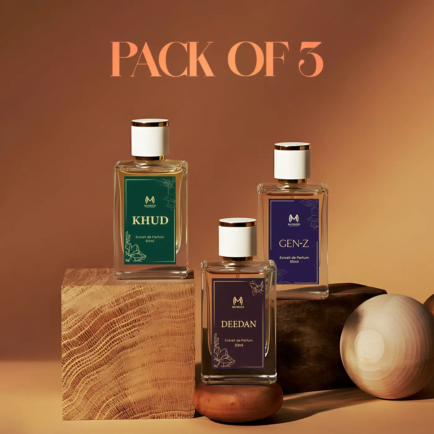 Pack of 3 Muskcoo perfume bottles KHUD, DEEDAN, and GEN-Z on wooden blocks